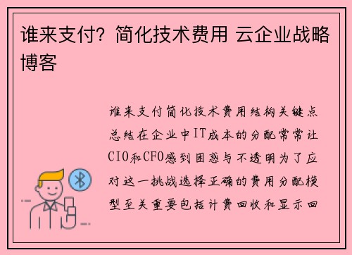 谁来支付？简化技术费用 云企业战略博客